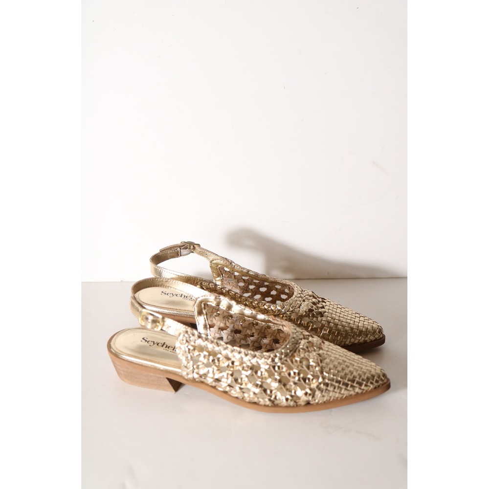 Seycelles Roxanne Woven Leather Slingback Shoes Gold Womens 8 Boho Whimsy Mule